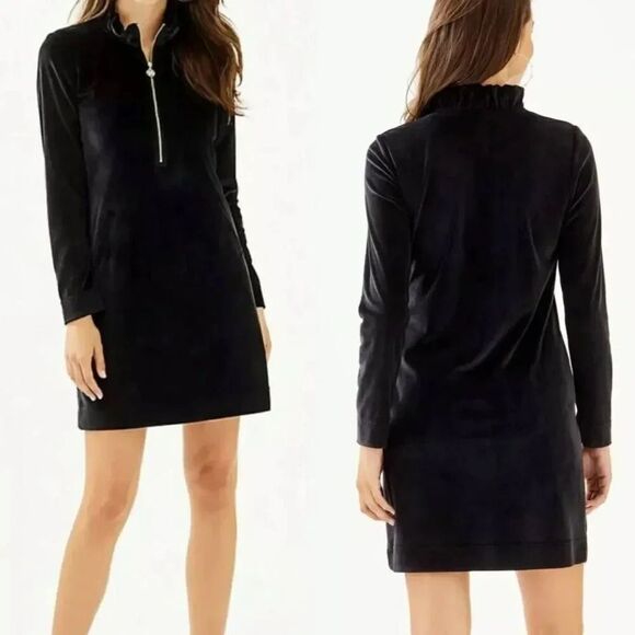 Lilly Pulitzer Skipper Popover Velour Dress S in Onyx +Ruffle Zip Up Neck $158 - Picture 1 of 9